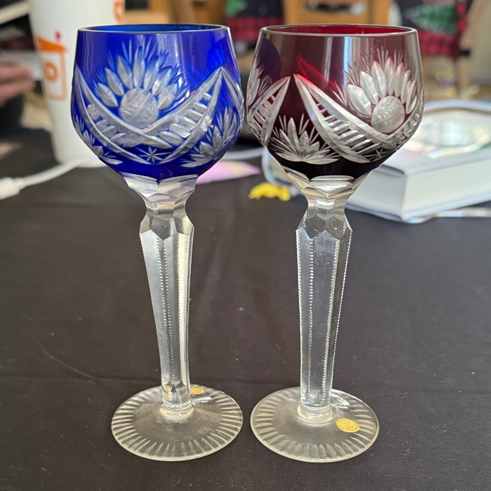 Set of 2 Vintage made in Hungary Elegant Blue and Red Cut Glass Goblets
